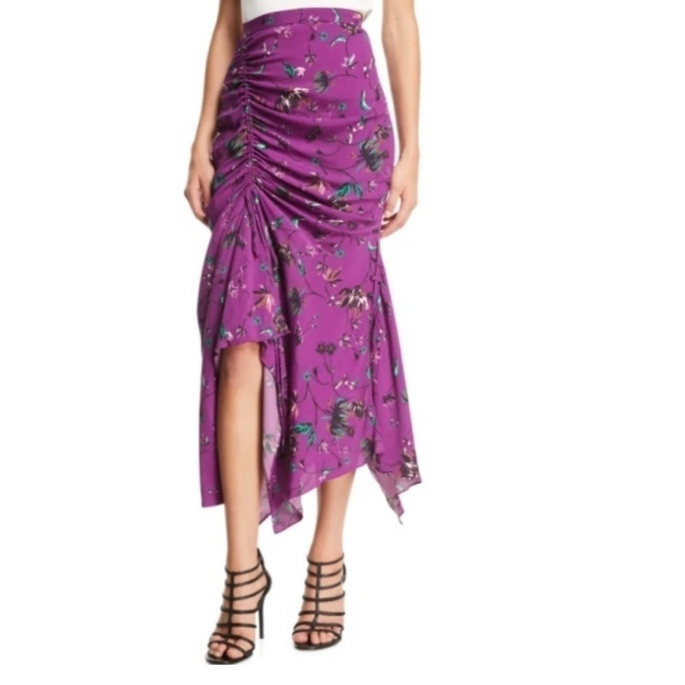 Tanya Taylor 100% Silk Asymmetrical Purple Floral Ruched Midi Skirt | 10